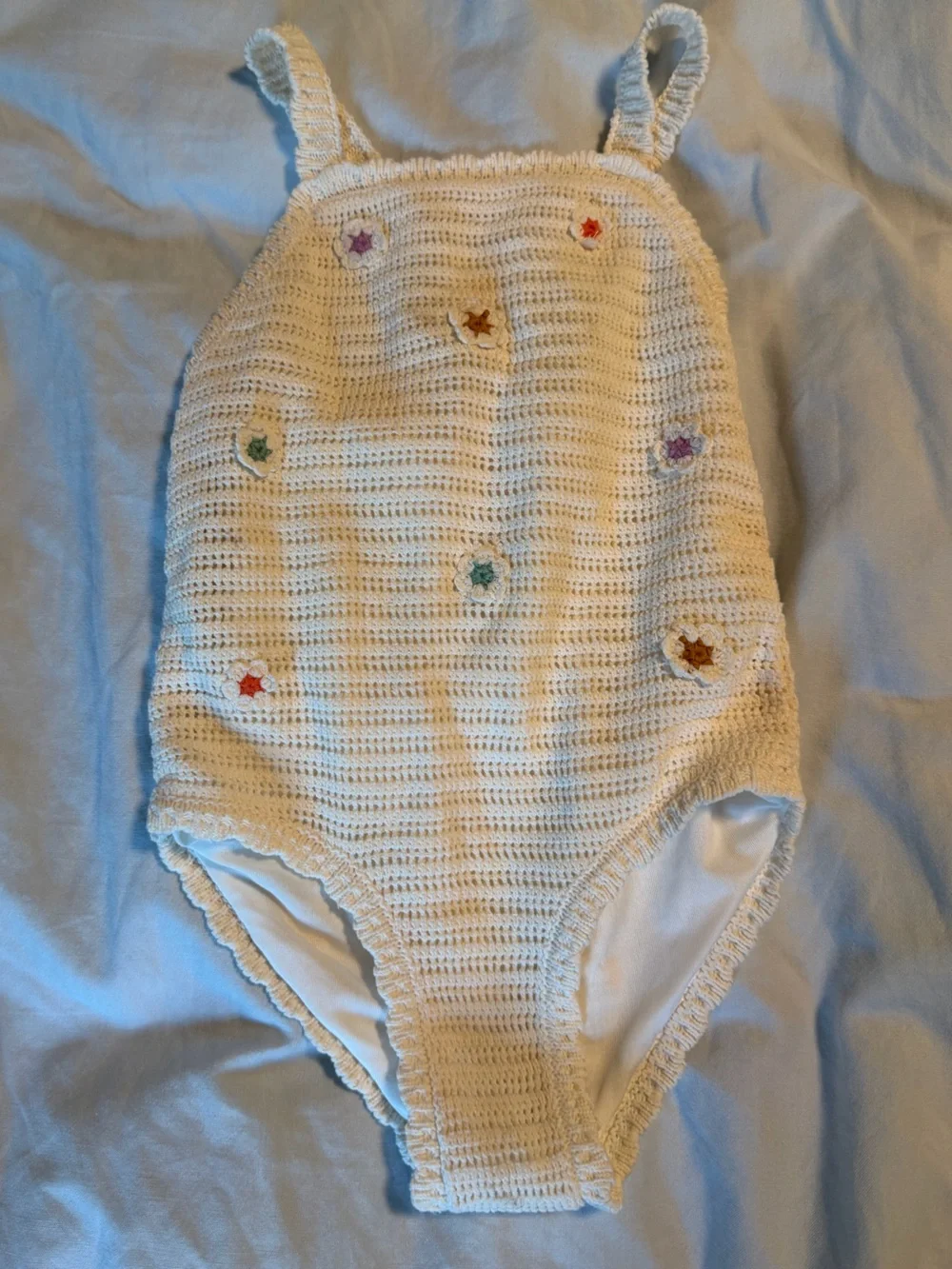 Zara White Crochet One-Piece with Multicolor Floral Accents, Size 4